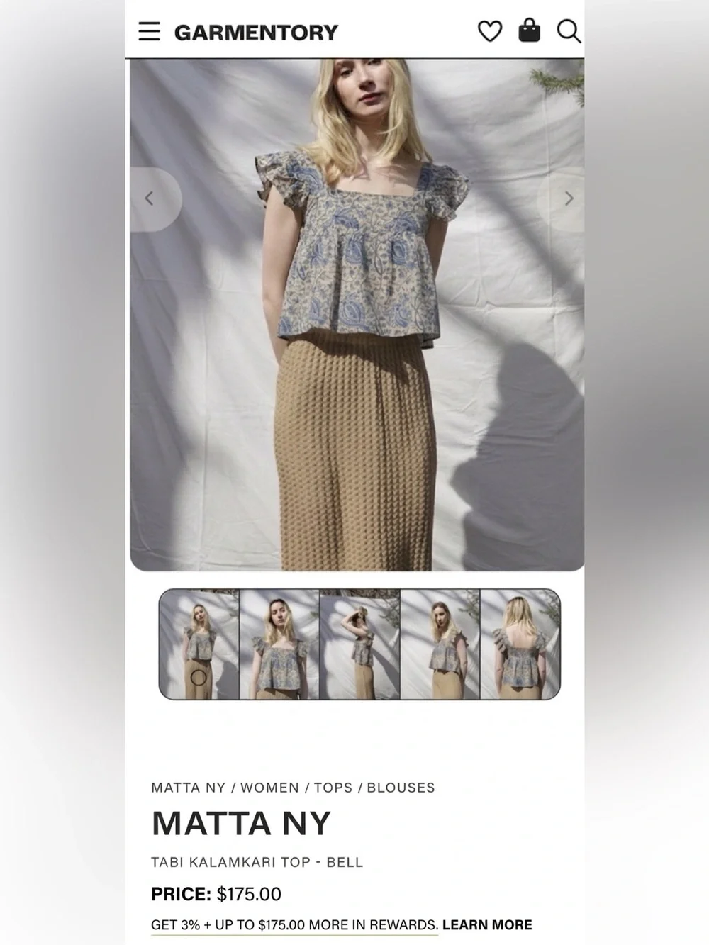 MATTA $175 • 18” PTP • Blue Floral Boho Square Neckline Ruffle Sleeve Top - Picture 4 of 10